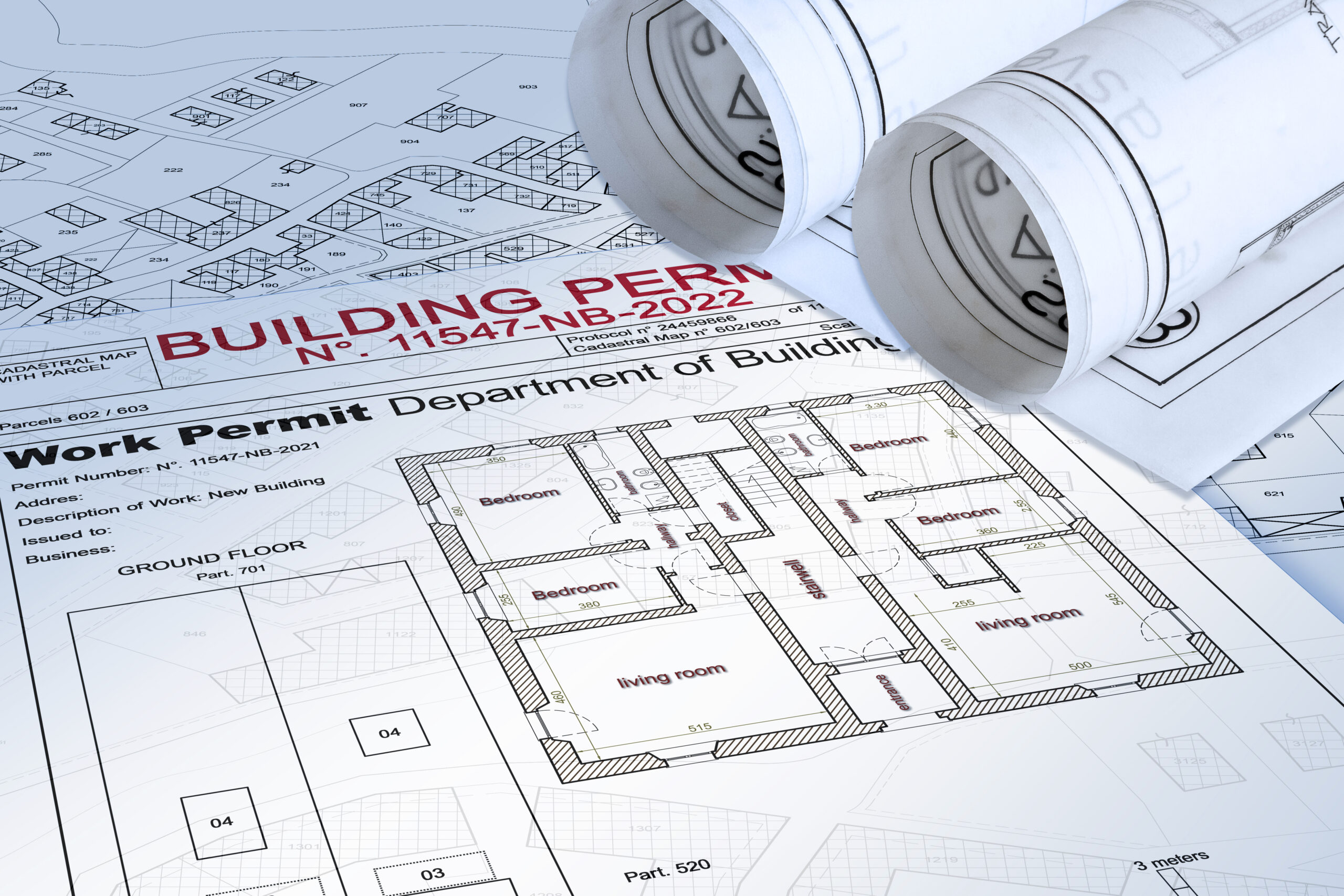 Approved Buildings Permit concept with imaginary cadastral map - building activity and construction industry concept with city map and building work permission