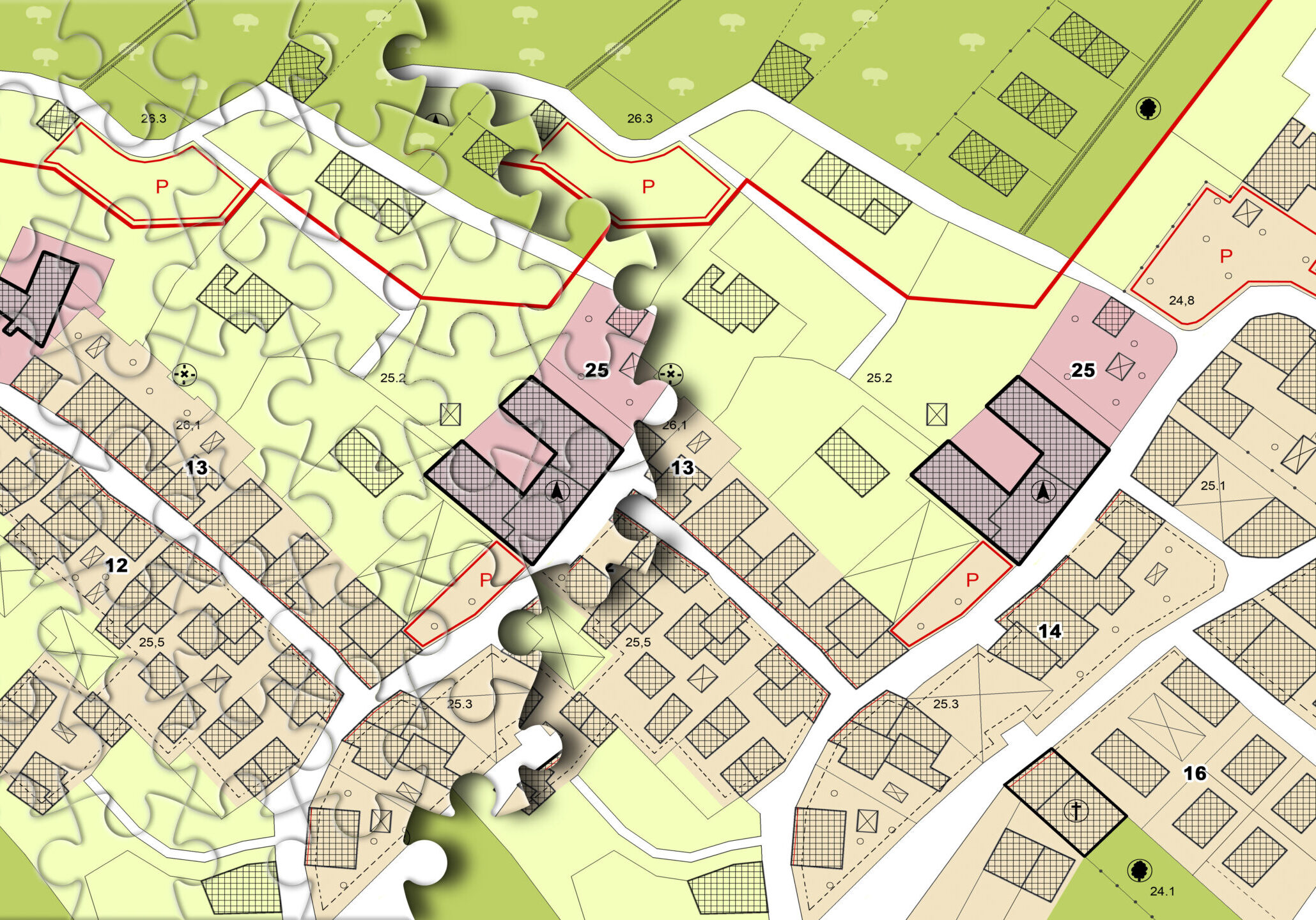 URBAN PUZZLE MAP CONCEPT OF PLANNING, STRATEGY AND CITY GROWTH - Metaphorical illustration for architecture design, teamwork, organization, real estate planning, urban connection